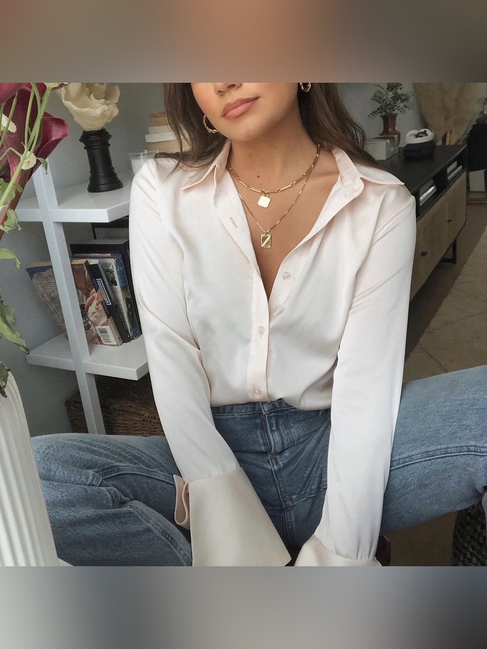 Pale Blush Satin Button Down Top